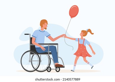 Parent with disability using wheelchair playing with his daughter. Family support and happy moments flat vector illustration