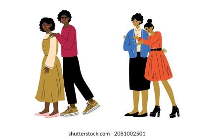 Parent Embracing with Their Adult Son and Daughter Expressing Positive Emotion Vector Illustration Set