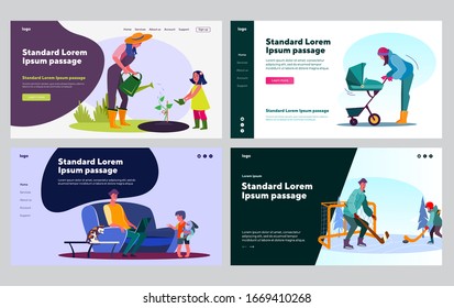 Parent entertaining kid set. Mom or dad with child gardening, walking, playing sport game. Flat vector illustrations. Leisure, family, activity concept for banner, website design or landing web page