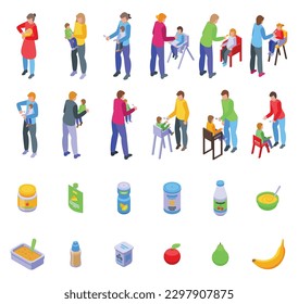Parent feeding baby with a spoon icons set isometric vector. Milk baby. Food chair