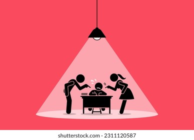 Parent forcing a child to study hard and giving pressure doing school homework. Vector illustration concepts depict learning stress, overbearing parenting, difficult education, and exam preparation. 