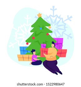 Parent giving Christmas gift to child. Family, fir tree, stack of presents. New Year concept. Vector illustration for topics like Xmas, holiday, celebration