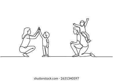 Parent Giving High Five to Child with Kid on Shoulders Line Art 