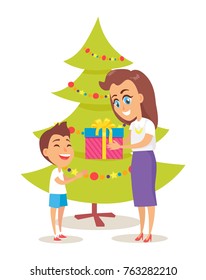 Parent giving present to son icon isolated on white background. Vector illustration with mother and child near to decorated green bright spruce