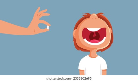 
Parent Giving Treatment to a Toddler Kid Vector Drawing Illustration. Child being treated at home with pills by his mom
