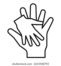 Parent hand with child palm thin line icon, mother day concept. Vector graphics. Hand in hand, together sign on white background, linear style for mobile or design