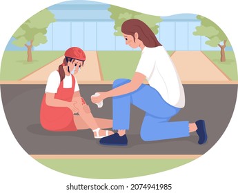 Parent help with injury 2D vector isolated illustration. Aid with wound on knee. Distressed mother and daughter flat characters on cartoon background. Accident from riding bike colourful scene