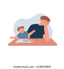 Los padres ayudan a su hijo con los deberes. El niño está molesto por un error. El padre cansado está sentado a la mesa. El concepto de paternidad. Ilustración plana vectorial.