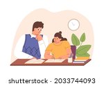 Parent helping child to do homework. Father and school kid sitting at desk and studying at home together. Dad supporting girl in learning. Colored flat vector illustration isolated on white background