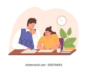 Parent helping child to do homework. Father and school kid sitting at desk and studying at home together. Dad supporting girl in learning. Colored flat vector illustration isolated on white background