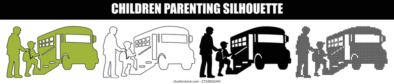 Eltern helfen einem Kind, in eine Schulbus-Silhouettensammlung in vier grafischen Stilen für Bildung, Elternschaft und zurück zu Schulthemen zu gelangen.