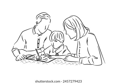 Eltern helfen Sohn Hausaufgaben zu studieren, glückliche Familie Hand gezeichnet Linie Kunst Vektorillustration