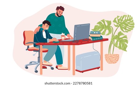 Parent helps son with homework.Characters are sitting at the table with a computer,books,tea cup,houseplant.Vector flat style  cartoon illustration isolated on white.Education and guidance concept.