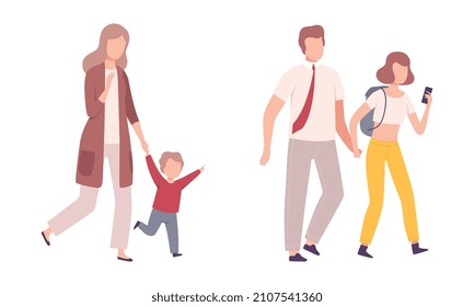 Parent and His Growing Son and Daughter Vector Set