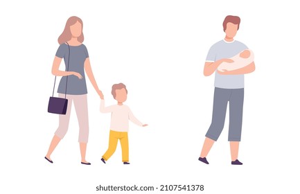 Parent and His Growing Son and Daughter Vector Set