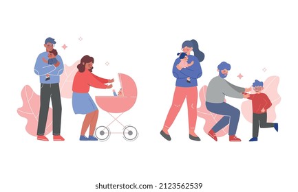Parent and His Growing Son and Daughter Vector Set