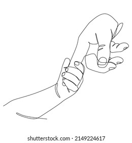 Parent hold child hand continuous line draw design. Sign and symbol of hand gestures. Single continuous drawing line. Hand drawn style art doodle isolated on white background illustration.