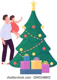 Parent hold kid near Christmas tree semi flat color vector characters. Posing figures. Full body people on white. Holiday isolated modern cartoon style illustration for graphic design and animation