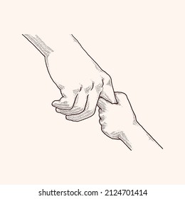 Parent Holding Child Hand, Hand Drawn Illustration