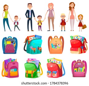 Parent holding child, mother and father with daughter and son. To school with parents, backpack with pencil and notebook, scissors and paints, education vector. Back to school concept. Flat cartoon