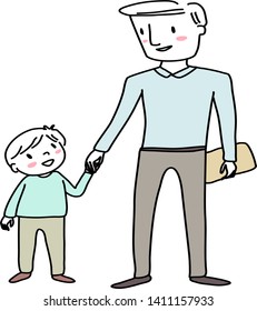 Parent holding his little son's hand, walking together. Father and child walking hand in hand. Cheerful dad and little boy walking together. Dad and kid standing together. Father's Day.