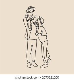 parent holding son hand oneline continuous single line art