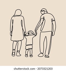 parent holding son hand oneline continuous single line art