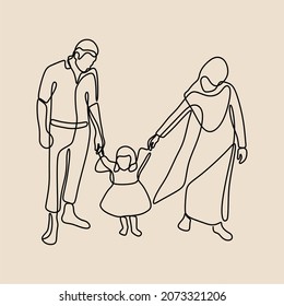 parent holding son hand oneline continuous single line art