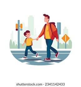 Parent holding their child's hand, crossing the road. Vector illustration