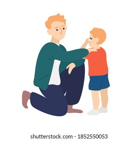 Parent hug and soothe crying child. Father empathize and calming down his son. Dad wiping tears away from kids face. Flat vector cartoon illustration of family support or parenting isolated on white