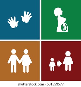 parent icons set. Set of 4 parent filled icons such as baby hands, son and father, pregnant woman