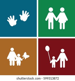 parent icons set. Set of 4 parent filled icons such as baby hands, family, father and son