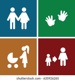 Parent icons set. set of 4 parent filled icons such as baby hands, son and father, family