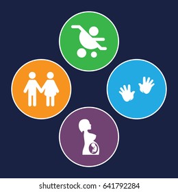 Parent icons set. set of 4 parent filled icons such as baby hands, pregnant woman, family
