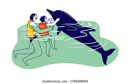 Parent or Instructor and Little Child Characters Swimming and Playing with Dolphins in Sea or Ocean. Recreation, Communication with Animal, Therapy and Relaxed Spare Time. Linear Vector Illustration