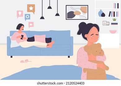 Parent with internet addiction vector illustration. Cartoon woman social media addict sitting on couch, mother using phone and surfing online network all time, kid crying. Family problem concept