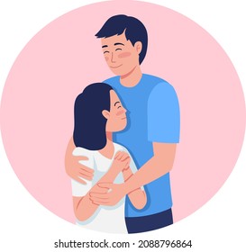 Parent and kid bonding 2D vector isolated illustration. Pleased father hugging teen daughter flat characters on cartoon background. Expressing love and support importance colourful scene