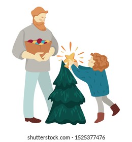 Parent with kid decorating Christmas tree. Father holding a box of ornament ball toys. Boy or girl in sweater putting gold star on fir-tree. Winter holidays preparation vector illustration.