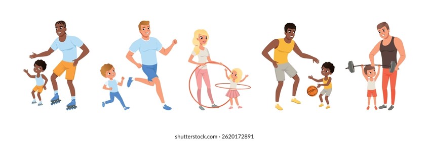 Parent and Kid Do Sport and Physical Exercise Vector Set