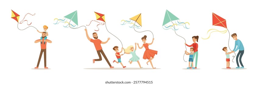 Parent and Kid Flying Kite with String in the Air Vector Set