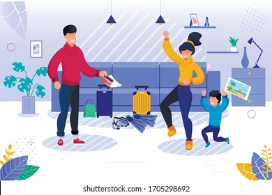 Parent and Kid Going for Travel. Happy Mother and Son Rejoicing. Father Getting Ticket. Tropical Resort Tour Preparation. Living Room Interior with Baggage and Diving Equipment Vector Illustration