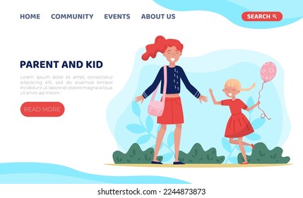 Parent and kid having good time outdoors web banner. Mom walking with her daughter in park landing page, website template cartoon vector