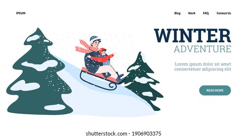 Parent and kid together sledding slide on nature. Winter fun riding on sled, adventure, family outdoor leisure, fun holidays and activities in snowy season. Vector design for web