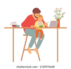 Parent With Kid Vector, Male Sitting By Table With Child Feeding It, Kiddo Wearing Bib, Man Watching Film On Laptop, People In Kitchen Father Care