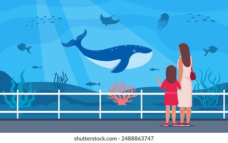 Parent and kid watching underwater scenery with sea animals in oceanarium. Underwater fauna with fish, seaweed, whale, jellyfish. Marine world representatives. Oceanarium visitors. Vector