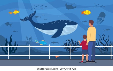 Parent and kid watching underwater scenery with sea animals in oceanarium. Underwater fauna with fish, seaweed, whale, jellyfish. Marine world representatives. Oceanarium visitors. Vector