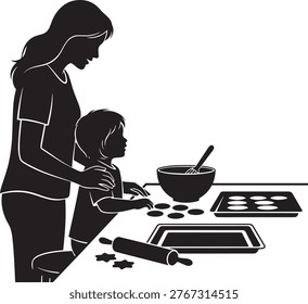 Parent and kid's kitchen activity creating treats. Ideal for holiday greetings and family lifestyle promotions.