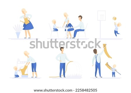 Parent with Little Kid Engaged in Different Activity at Home Vector Set