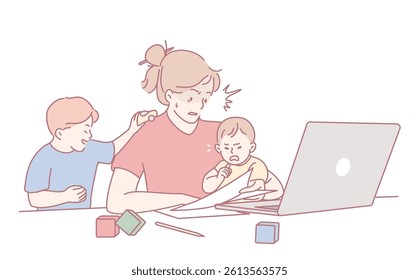 A parent managing work tasks while attending to two young children, illustrating the challenges of remote parenting.
