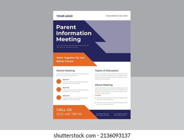 Parent Meeting Flyer Template Design, Parent Support Flyer Template, Support Group For Parent Flyer, School Meeting Poster Leaflet Design Template. A4 Template.